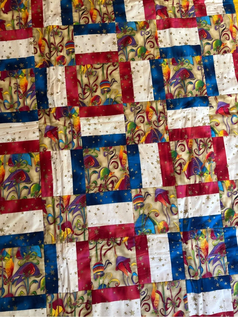 Handmade Laurel Burch Quilt - Patriotic Americana Patchwork Throw 58x58 Cabin